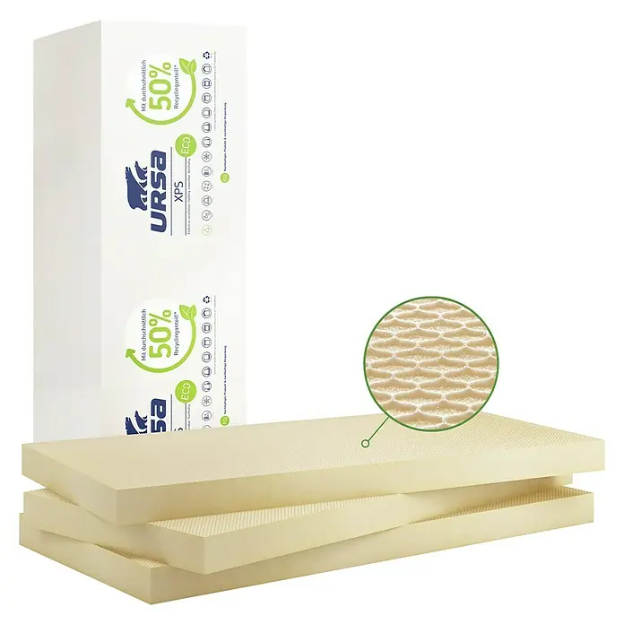 Ursa Hartschaumplatte XPS ECO D N-III-PZ-I - 125 cm x 60 cm x 50 mm, 0,75 m² - Das Bild zeigt URSA XPS Dämmplatten, ein nachhaltiges Produkt mit 50% Recyclinganteil, ideal für energieeffizientes Bauen.