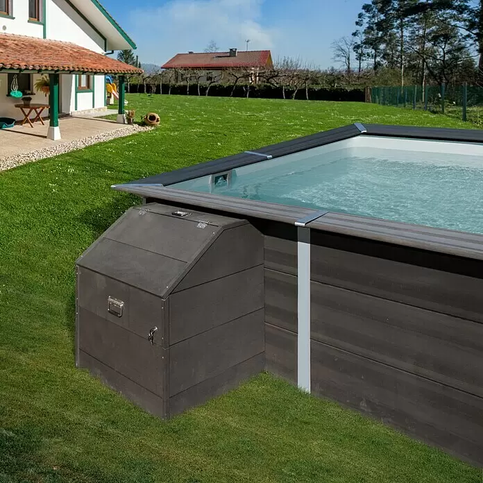 Gre Technikraum - L x B x H: 80 x 60 x 115 cm - Dunkelgrauer Aufstellpool in Holzoptik mit integriertem Pumpengehäuse.