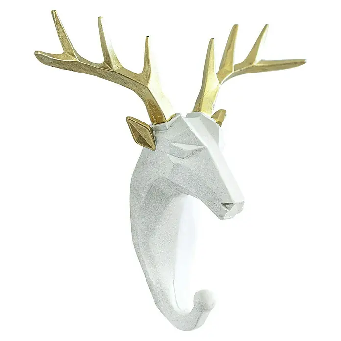 Garderobenhaken Rentier - L x B x H: 16 x 6,2 x 17 cm, Weiß - Dekorative Hirschkopf-Wandhaken mit goldenem Geweih, ideal für stilvolle Aufbewahrung. Ein eleganter Akzent für jedes Zuhause.