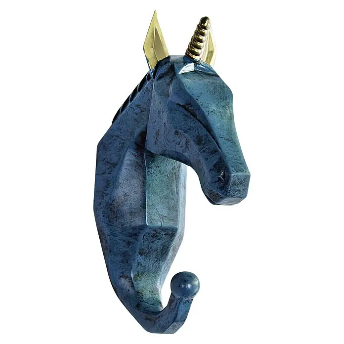 Garderobenhaken Einhorn - L x B x H: 4 x 7 x 12 cm, Blau - Nahaufnahme eines blauen Einhorn-Wandhakens mit goldenem Horn und Ohren. Ideal für die Organisation mit einem Hauch von Fantasie.
