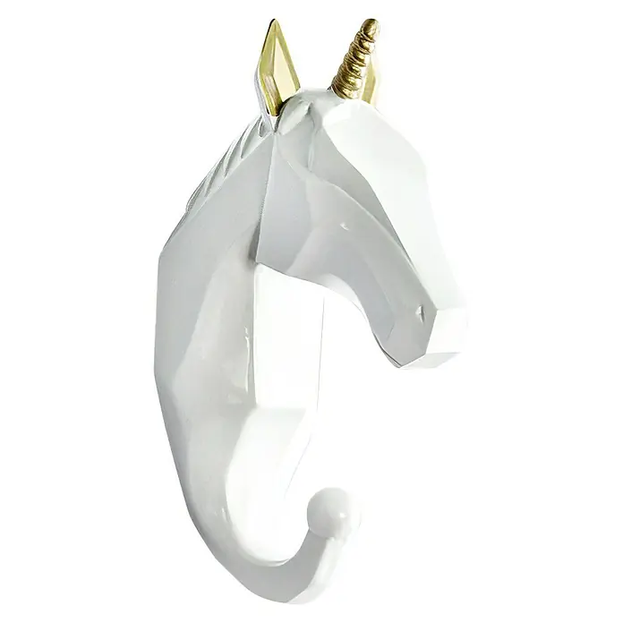 Garderobenhaken Einhorn - L x B x H: 4 x 7 x 12 cm, Weiß - Weiße, facettierte Einhorn-Wandhaken mit goldenem Horn und Ohren, ideal zur stilvollen Aufbewahrung von Gegenständen und als Deko-Element.
