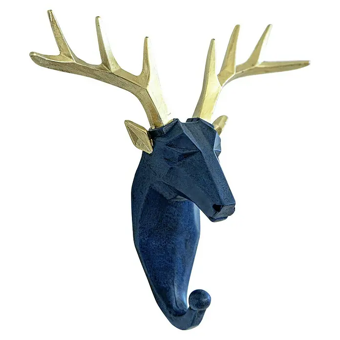 Garderobenhaken Rentier - L x B x H: 16 x 6,2 x 17 cm, Blau - Dekorativer Hirschkopf als Wandhaken mit goldenem Geweih. Ein Blickfang für Flur oder Wohnraum.