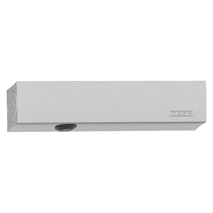 GEZE Türschließer TS 5000 Ecline - L x B x H: 287 x 47 x 60 mm, Max. Türbreite: 1.250 mm, Passend für: Feuerschutztür, für Rauchschutztür, Silber - Bild eines GEZE Türschließers in Silber. Der automatische Türantrieb ist gut für den Einsatz in öffentlichen Gebäuden geeignet.