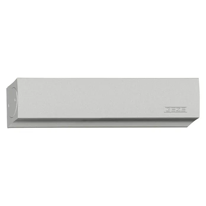 GEZE Türschließer TS 5000 - L x B x H: 287 x 60 x 47 mm, Max. Türbreite: 1.400 mm, Passend für: Feuerschutztür, Rauchschutztür, Silber - Nahaufnahme eines Geze-Türschließers in neutralem Design, ideal für moderne Gebäude. Robuste Bauweise für zuverlässige Funktion.