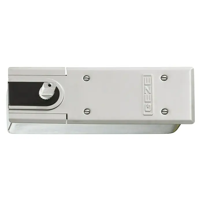 GEZE Türschließer TS 500 NV - L x B x H: 278 x 82 x 42 mm, Max. Türbreite: 1.100 mm, Silber - Nahaufnahme einer GEZE Türschließer-Vorrichtung in Silber, ideal für architektonische Anwendungen und hochwertige Türsysteme.