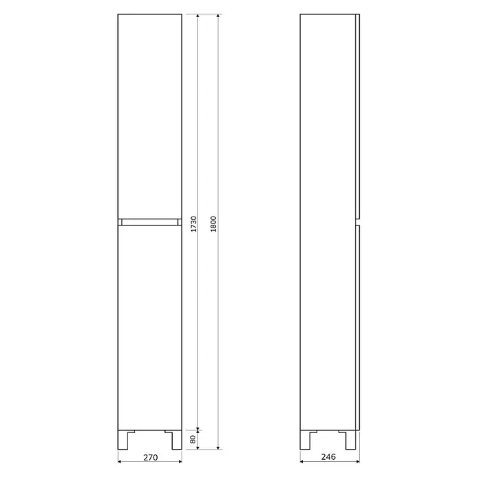 Artysan Armario alto de baño Inca - 24,6 x 26,5 x 173 cm, Blanco - Diseño de producto que muestra dimensiones precisas: 1730 y 1800 mm de altura, 270 y 246 mm de ancho y 80 mm de profundidad.