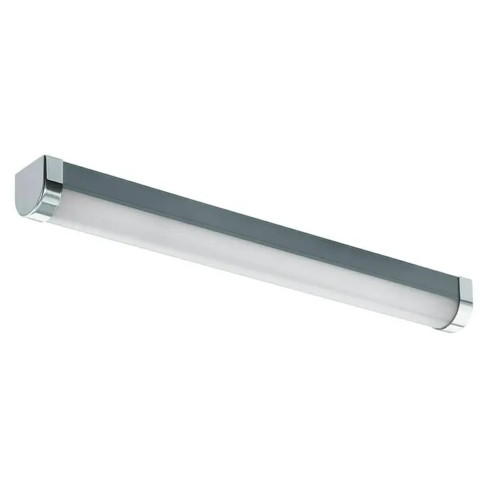 Eglo LED-Spiegelleuchte TRAGACETE 1 - 7,5 W, L x B x H: 45 x 4,5 x 4,5 cm, Chrom, Neutralweiß - Nahaufnahme einer länglichen Deckenleuchte mit grauem Gehäuse und Chromendkappen. Sie spendet diffuses, helles Licht.
