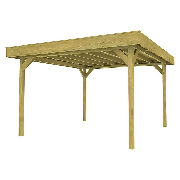 Weka Pavillon 657 - L x B: 262 x 262 cm, Natur - Abbildung eines hölzernen Carports mit soliden Pfosten und einem schützenden Dach. Ideal für den Schutz von Fahrzeugen vor Witterungseinflüssen.