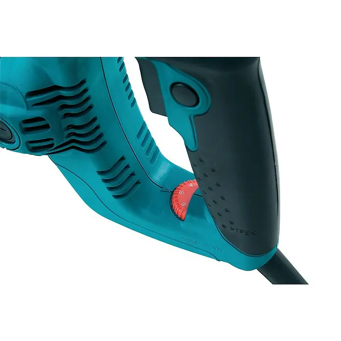 Makita Sierra de sable JR3070CT - 1.510 W, Longitud de carrera: 32 mm - Primer plano de un taladro eléctrico que muestra el selector de velocidad y el mango. Destaca el diseño robusto y ergonomía.