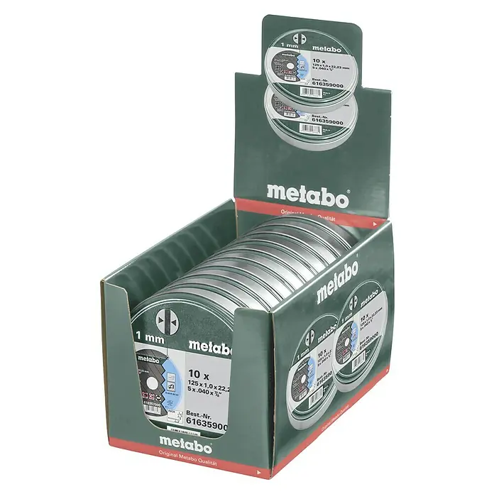 Metabo Trennscheiben-Set - Durchmesser: 125 mm, Bohrung: 22,23 mm, 10 Stk. - Packung Metabo Trennscheiben 125x1,0x22,23mm, ideal für Metallarbeiten. Original Metabo Qualität für präzise und saubere Schnitte.