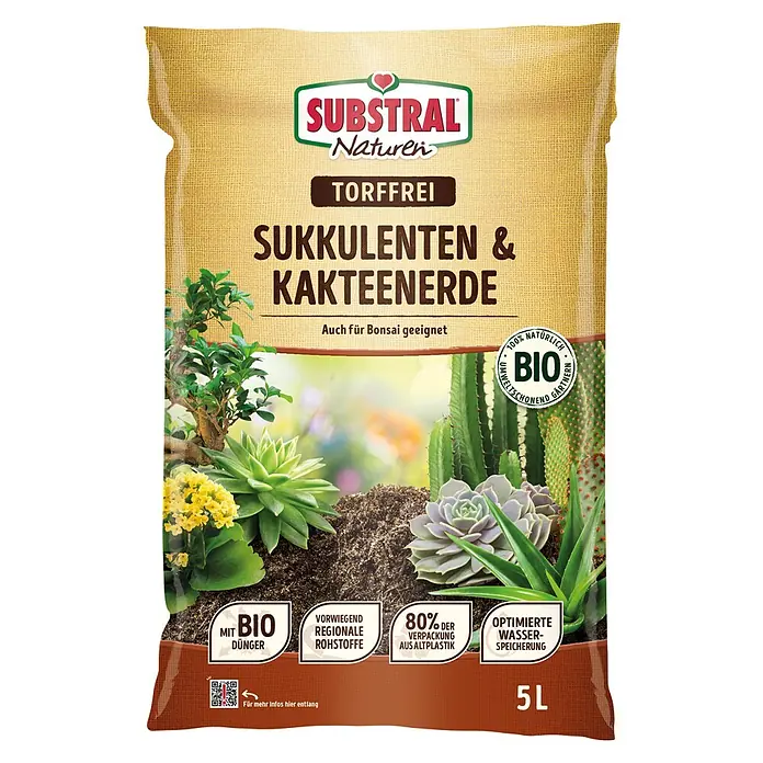 Substral Naturen Kakteenerde - 5 l, Torffrei - Sack Substral Naturen torffreie Sukkulenten- und Kakteenerde, geeignet für Bonsai, mit Bio-Dünger und optimierter Wasserspeicherung.