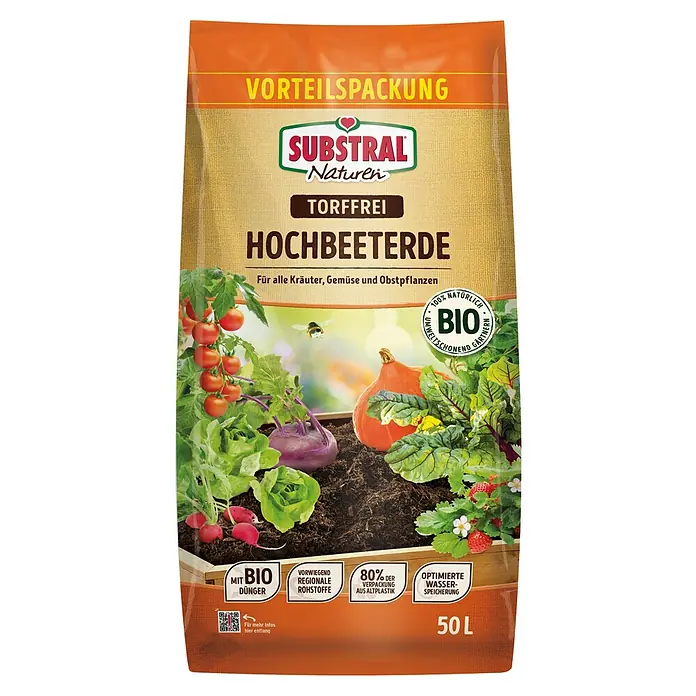 Substral Naturen Bio-Hochbeeterde - 50 l - Abbildung der Substral Naturen Hochbeeterde, einer torffreien Pflanzerde für Kräuter, Gemüse und Obst, verpackt in einer 50L-Vorteilsverpackung.