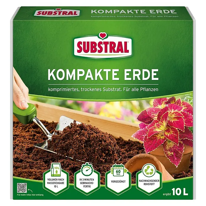 Substral Blumenerde Kompakte Erde - 10 l - Produktbild einer Packung Substral Kompakte Erde, ein komprimiertes, trockenes Substrat für alle Pflanzen, das nach Wasserzugabe 10L ergibt.
