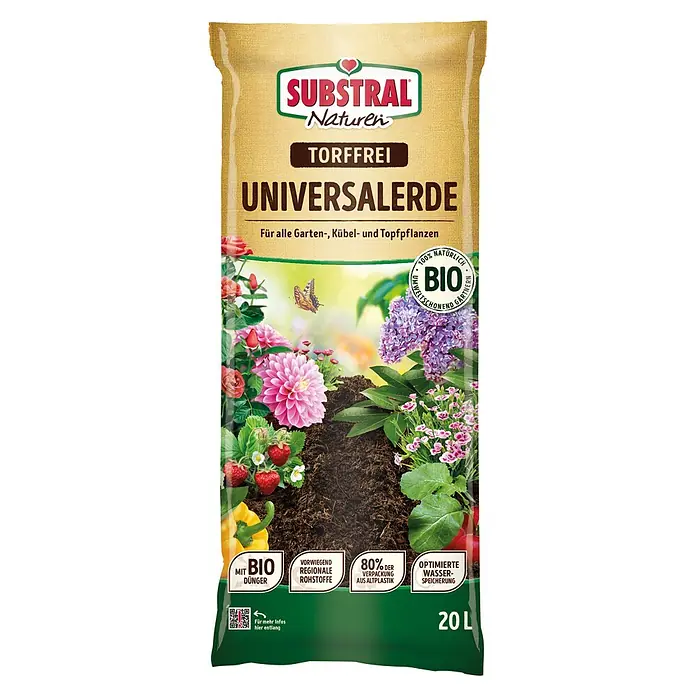 Substral Naturen Blumenerde - 20 l - Eine Packung Substral Naturen torffreie Universalerde, die für alle Garten-, Kübel- und Topfpflanzen geeignet ist und Bio-Dünger enthält.