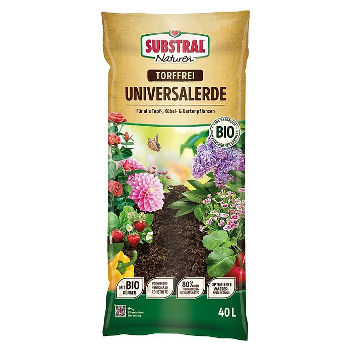 Substral Naturen Blumenerde - 40 l - Ein Sack torffreie Substral Naturen Universalerde, ideal für alle Topf-, Kübel- & Gartenpflanzen, mit Bio-Dünger und optimierter Wasserspeicherung.