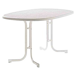 Sieger Gartentisch mit Dekorplatte (L x B x H: 140 x 90 x 72 cm, Klappbar, Weiß, Stahl, Pulverbeschichtet)
