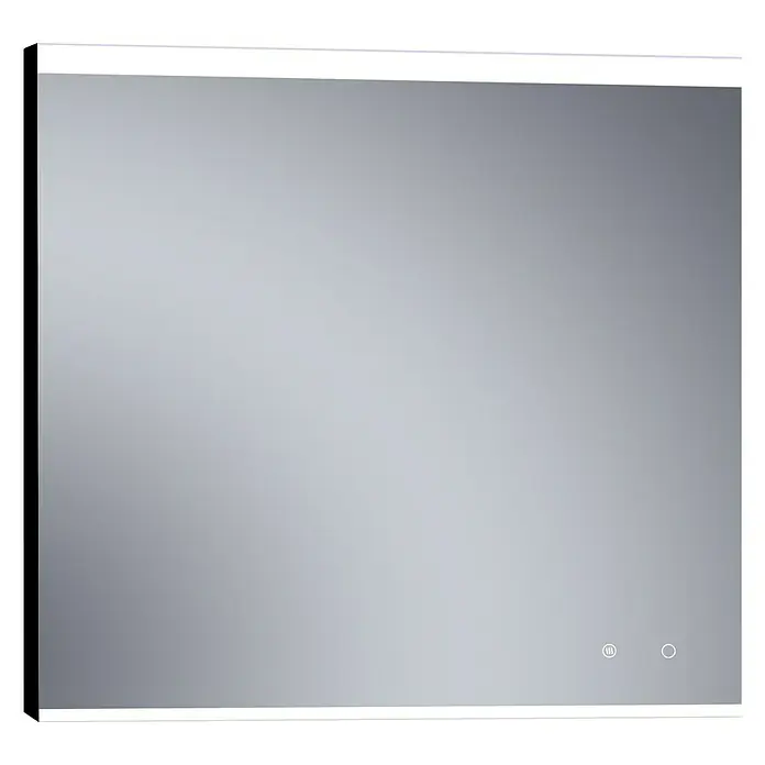 Camargue Espejo con luz París Plus - 100 x 80 cm, Negro, Bombillas y tubos - Primer plano de un espejo rectangular iluminado con LED con botones táctiles para baños modernos.