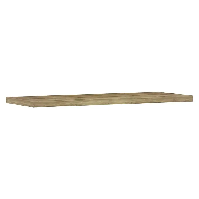 Encimera para lavabo Atlantis - L x An x Al: 46 x 120 x 3 cm, Miel - Primer plano de una estantería flotante de madera. Diseño sencillo y cálida veta de madera, ideal para interiores modernos.