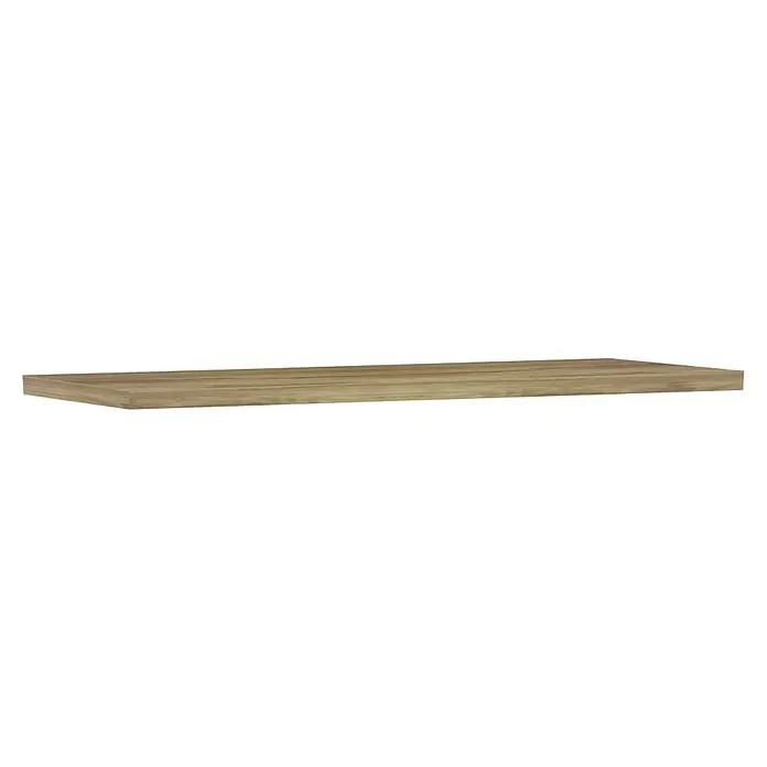 Encimera para lavabo Atlantis - L x An x Al: 46 x 140 x 3 cm, Miel - Primer plano de un estante de madera flotante con vetas únicas y un tono cálido, ideal para interiores modernos.