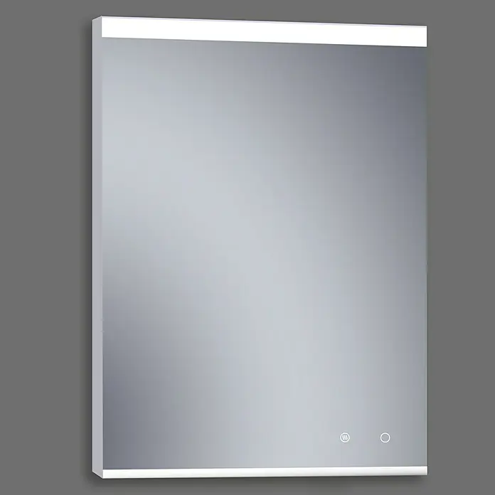 Camargue Espejo con luz París Plus - 60 x 80 cm, Acero, Bombillas y tubos - Esta imagen muestra un elegante espejo de baño rectangular con iluminación LED integrada en la parte superior e inferior para un ambiente moderno.
