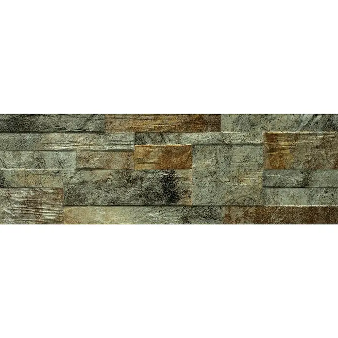 Revestimiento de pared Danubio - 17 x 52 cm, Natural, Mate - Un primer plano que muestra un revestimiento de pared hecho de paneles de piedra multicolores y elegantes, mostrando una textura robusta y natural.
