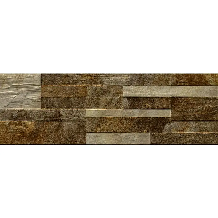 Revestimiento de pared Danubio - 17 x 52 cm, Marrón, Mate - Esta imagen es un primer plano detallado de un revestimiento de pared decorativo con piedras marrones y beige de diversos tamaños y texturas.