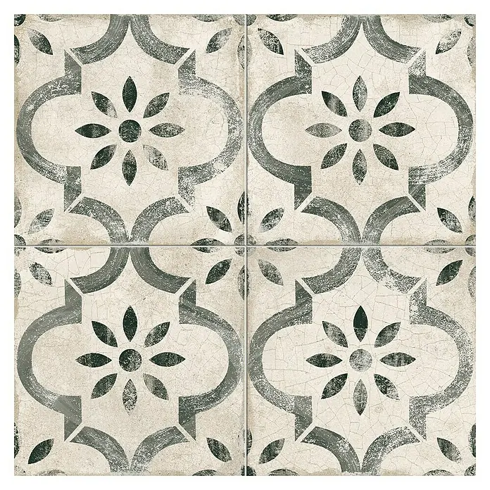 Pavimento porcelánico hidráulico Leeds - 45 x 45 cm, Gris/Crema, Mate - Cuatro baldosas de suelo vintage con un elegante patrón floral en gris y blanco, que aportan un toque de nostalgia a cualquier habitación.