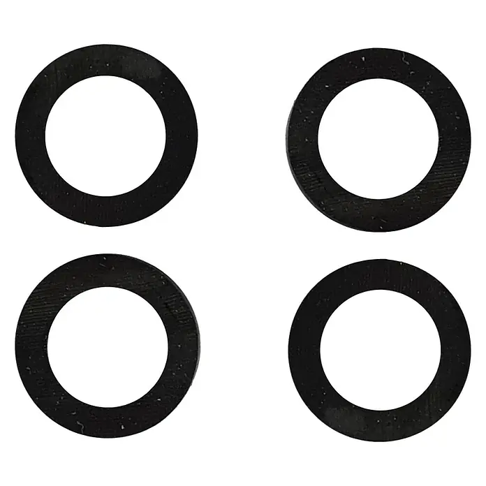 Quetschdichtung - ⅜″ x 8 mm, Geeignet für: Schlauchverschraubungen - Schwarze Dichtungsringe: Vier schwarze, kreisförmige Dichtungsringe liegen auf schwarzem Hintergrund, ideal für Abdichtungen und Installationen.