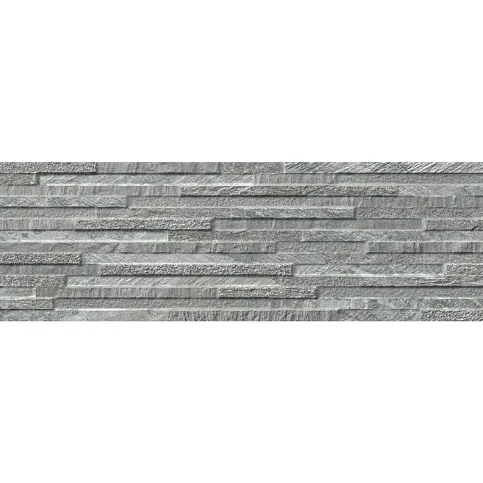 Revestimiento de pared Maule - 17 x 52 cm, Blanco, Mate - Un primer plano de una pared con ladrillos grises dispuestos horizontalmente, creando una superficie texturizada rústica y moderna.\n