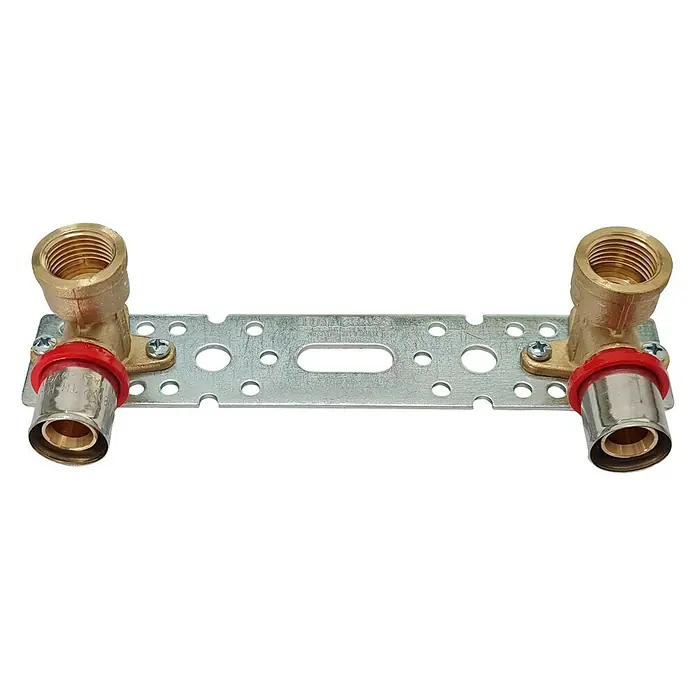 Comisa Montageeinheit - Durchmesser: 20 mm, Innengewinde: ½″, Aluminium - Aufnahmeplatte mit zwei Eckverbindungen mit Gewinde und Rohranschluss für die Installation von Sanitäranlagen.