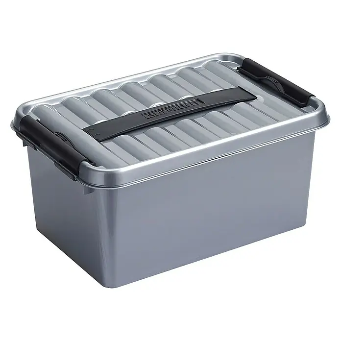 Sunware Aufbewahrungsbox Q-Line - L x B x H: 30 x 20 x 14,3 cm, Kunststoff, Metallfarbig - Graue Sunware-Aufbewahrungsbox mit Deckel und schwarzen Griffen. Ideal zur Organisation von Gegenständen.