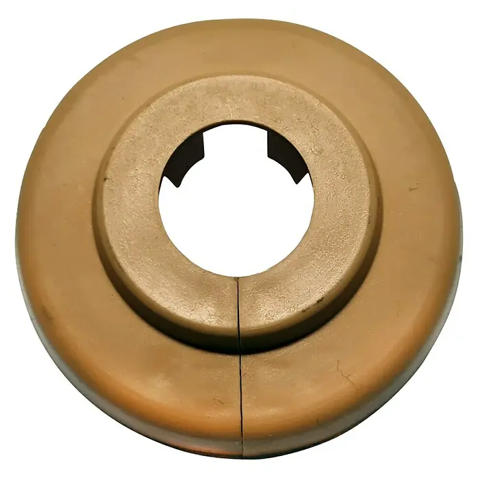 Klapprosette - Innendurchmesser: 15 mm, Buche - Nahaufnahme einer beigefarbenen, geteilten Lagerbuchse mit zentraler Aussparung, ideal für Maschinenbau-Anwendungen.