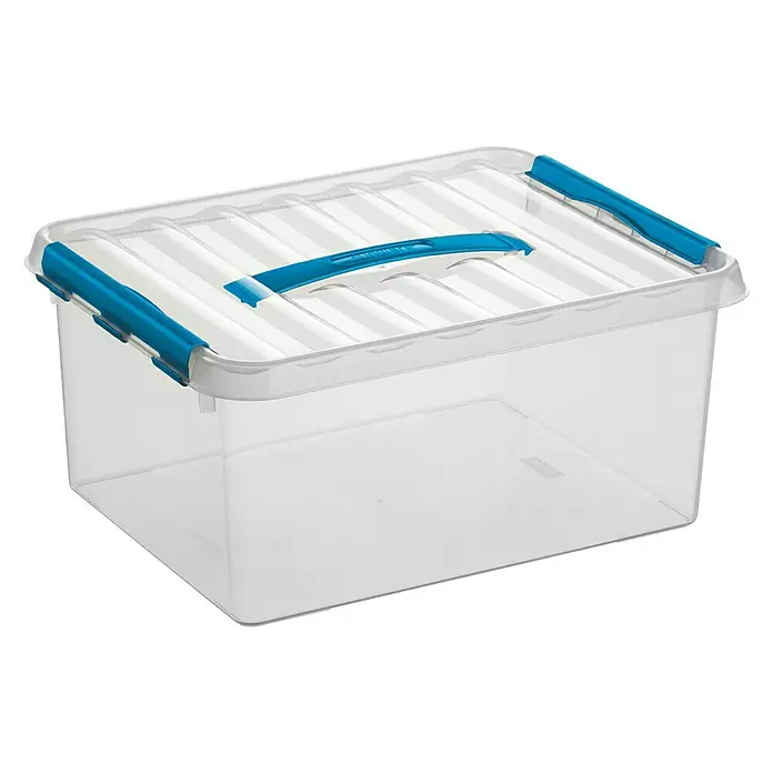 Sunware Aufbewahrungsbox Q-Line - L x B x H: 40 x 30 x 18 cm, Kunststoff, Transparent, Farbe Griff: Blau - Durchsichtige Aufbewahrungsbox mit blauem Deckel und Griffen, ideal zur Lagerung und Organisation verschiedener Gegenstände.