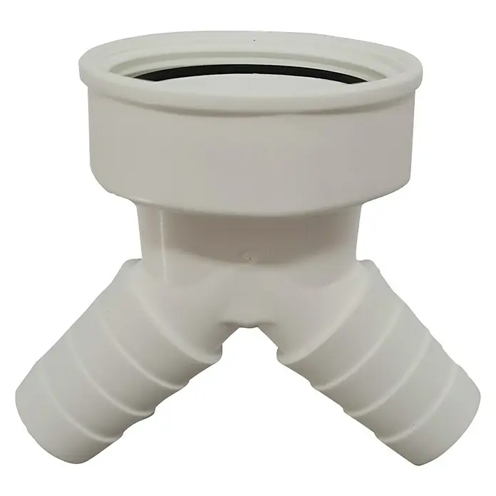 Doppel-Anschlussverschraubung - 1 ½″, Weiß - Weißes Sanitär-T-Stück aus Kunststoff mit breitem, zylindrischem Kopf und zwei Schlauchtüllen für Sanitäranwendungen.