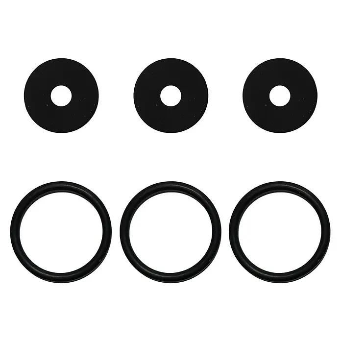 Dichtungssortiment - Einsatzbereich: Siphons - Abbildung von 3 Dichtscheiben und 3 O-Ringen, die für eine dichte Verbindung sorgen und Flüssigkeitsverluste verhindern. Ideal für Sanitäranwendungen.