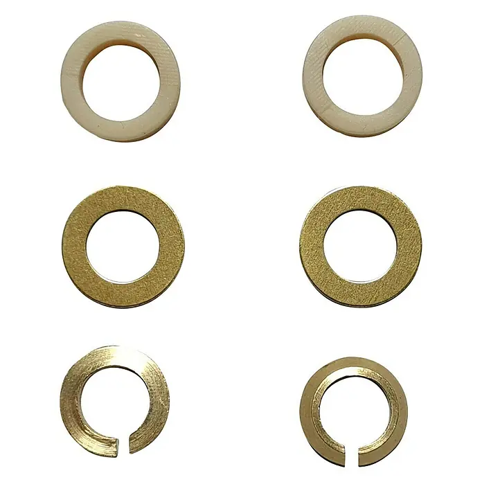 Quetschdichtung - ⅜″ x 8 mm, 6 -tlg. - Sechs Unterlegscheiben in verschiedenen Materialien, darunter Kunststoff und Messing, zur Verwendung in diversen mechanischen Anwendungen.
