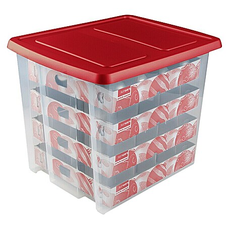 Sunware Aufbewahrungsbox Nesta für Weihnachtskugeln (Passend für: 64 Christbaumkugeln ( Ø 70 - 80 mm), L x B x H: 46 x 36,5 x 36,5 cm, Kunststoff, Transparent, Farbe Deckel: Rot)