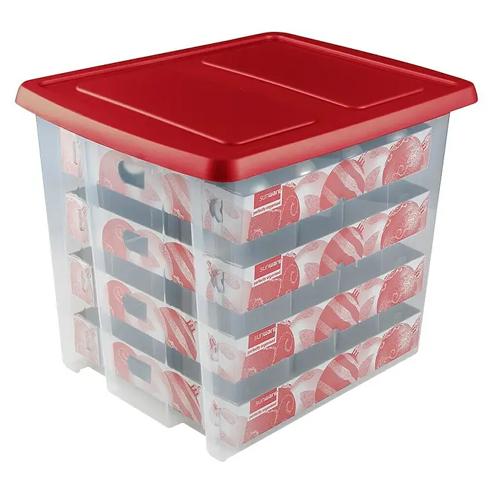 Sunware Aufbewahrungsbox Nesta für Weihnachtskugeln - Passend für: 64 Christbaumkugeln ( Ø 70 - 80 mm), L x B x H: 46 x 36,5 x 36,5 cm, Kunststoff, Transparent, Farbe Deckel: Rot - Ein roter Sunware Aufbewahrungskasten mit praktischen Fächern zur optimalen Organisation von Gegenständen.