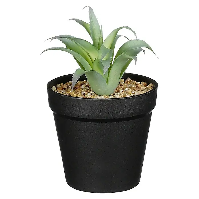 Planta artificial Suculenta verde - Altura: 14 cm, Verde, Plástico - Planta artificial decorativa en una maceta negra con hojas de color verde claro y pequeñas piedras como material de relleno para un ambiente vibrante.