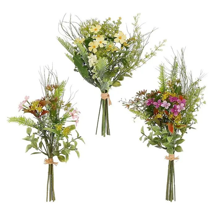 Flor artificial Primavera - Colores surtidos, 32 cm - Tres ramos de flores artificiales con flores delicadas y hojas verdes, perfectos para decorar tu casa.