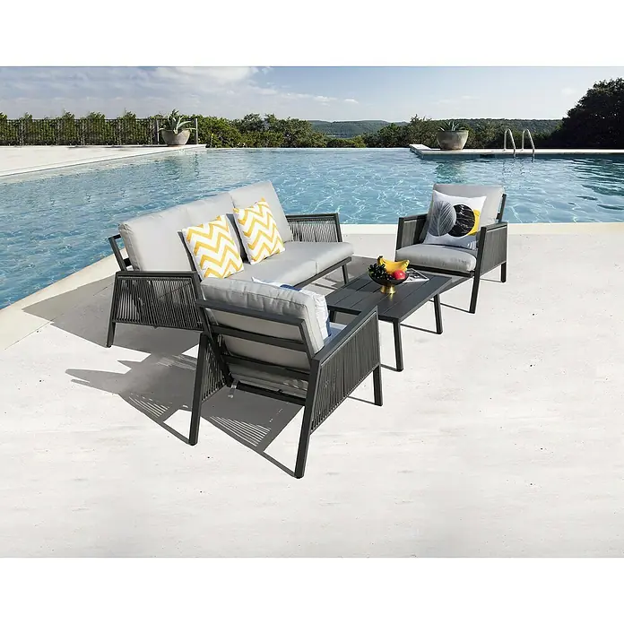 Sunfun Conjunto de muebles Keira - 4 pzs., Aluminio, Antracita - Elegante juego de muebles de jardín grises con diseño de cuerda junto a la piscina. Ideal para relajarse al aire libre.