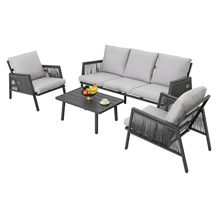 Sunfun Conjunto de muebles Keira - 4 pzs., Aluminio, Antracita - Elegante conjunto de salón exterior con sofá gris, sillones y mesa, ideal para relajarse al aire libre. Materiales de alta calidad para una larga duración.
