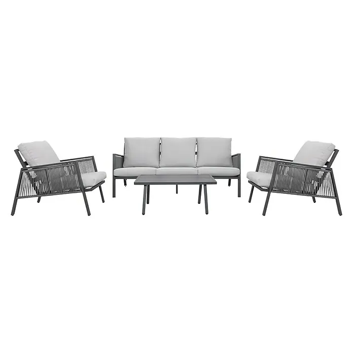 Sunfun Conjunto de muebles Keira - 4 pzs., Aluminio, Antracita - Juego de patio gris que consiste en un sofá, dos sillones y una mesa de centro, todo sobre un fondo negro.