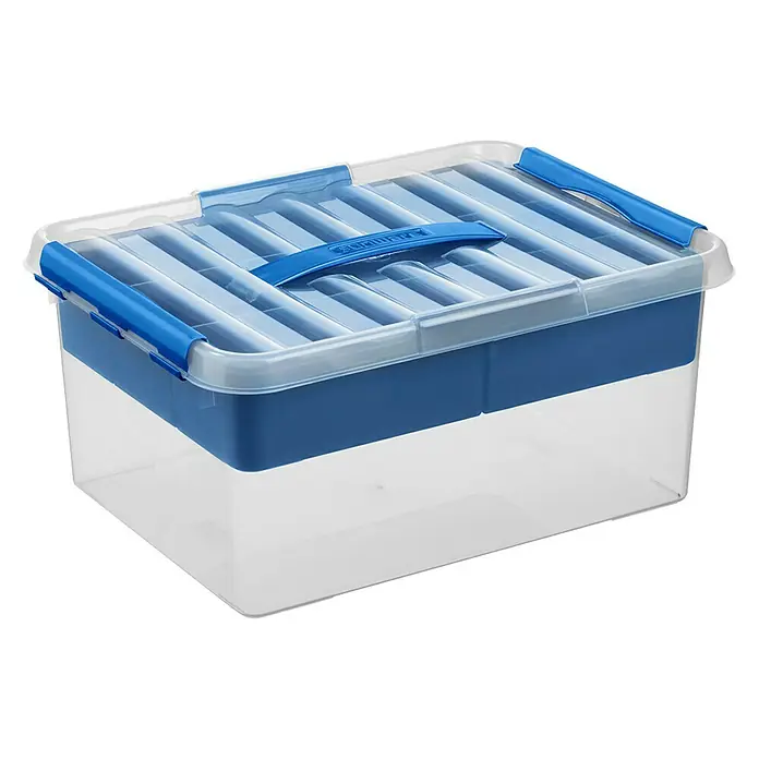 Sunware Aufbewahrungsbox Q-Line - L x B x H: 40 x 30 x 18 cm, Kunststoff, Transparent/Blau - Transparente Aufbewahrungsbox mit blauem Deckel und Griffen, ideal für die Organisation von Gegenständen im Haushalt.