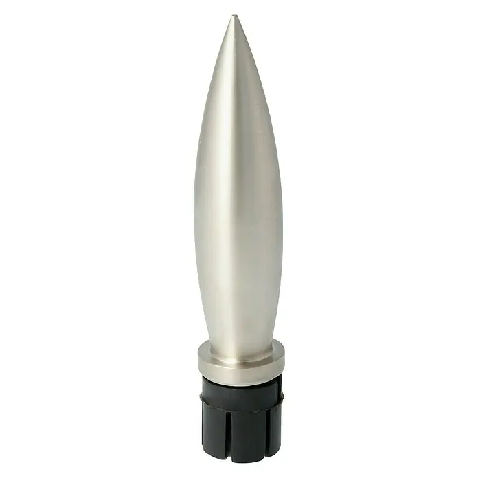Expo Ambiente Endstück Flair - Edelstahloptik, Geeignet für: Gardinenstangen Ø 28 mm - Metall-Dekorationsstück mit schlanker, konischer Form auf einem zylindrischen Sockel, ideal für moderne Innenräume.