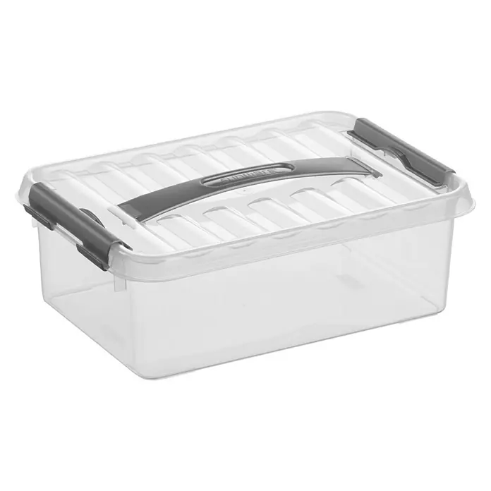Sunware Aufbewahrungsbox Q-Line - L x B x H: 30 x 20 x 10,4 cm, Kunststoff, Transparent, Farbe Griff: Schwarz - Eine durchsichtige Aufbewahrungsbox aus Kunststoff mit einem grauen Griff auf dem Deckel, ideal für die Organisation im Haushalt.