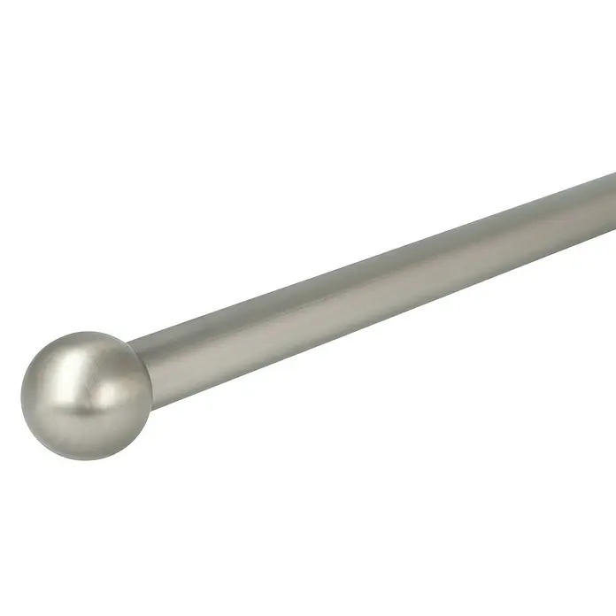 Expo Ambiente Endstück Ball - Edelstahloptik, Geeignet für: Gardinenstangen Ø 20 mm, 2 Stk. - Nahaufnahme einer modernen, silbernen Gardinenstange mit kugelförmigem Endstück, die ein minimalistisches Design und zeitgemäße Ästhetik hervorhebt.