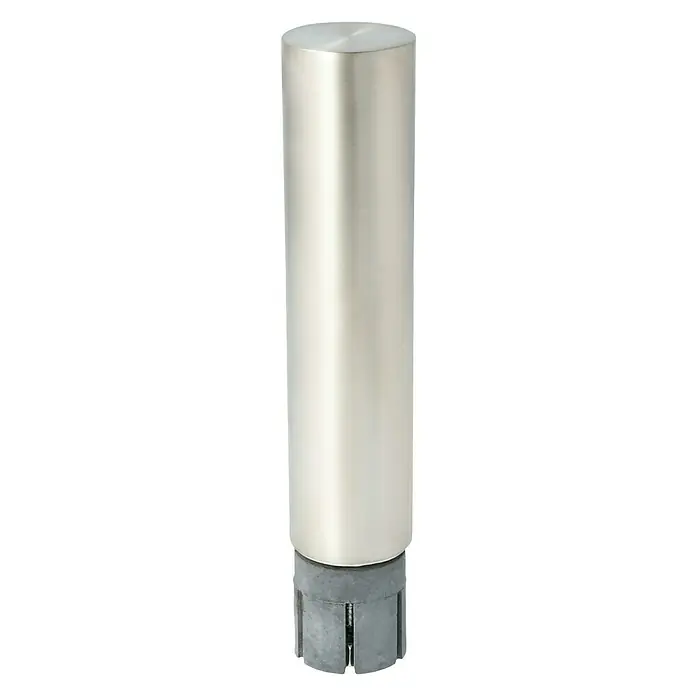 Expo Ambiente Endstück Straight - Edelstahloptik, Geeignet für: Gardinenstangen Ø 28 mm - Dieser Artikel zeigt eine Zylindrische Möbelbeinverlängerung aus Metall mit einer grauen Basis für zusätzliche Stabilität und Anpassungsfähigkeit.