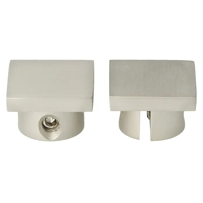 Expo Ambiente Endstück End - Edelstahloptik, Geeignet für: 18 x 18 mm Profil, 1 Stk. - Nahaufnahme von zwei weissen LED-Leuchten mit Schrauben für die Befestigung an Oberflächen für stimmungsvolle Akzente.
