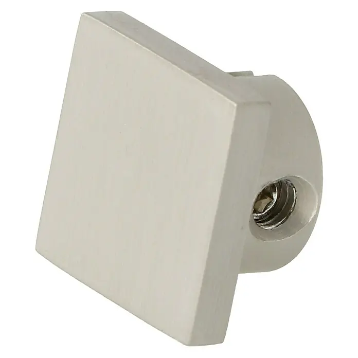Expo Ambiente Endstück End - Edelstahloptik, Geeignet für: 18 x 18 mm Profil, 1 Stk. - Nahaufnahme eines quadratischen Möbelknopfs mit Schraube. Ideal für Schränke und Schubladen, modernes Design.